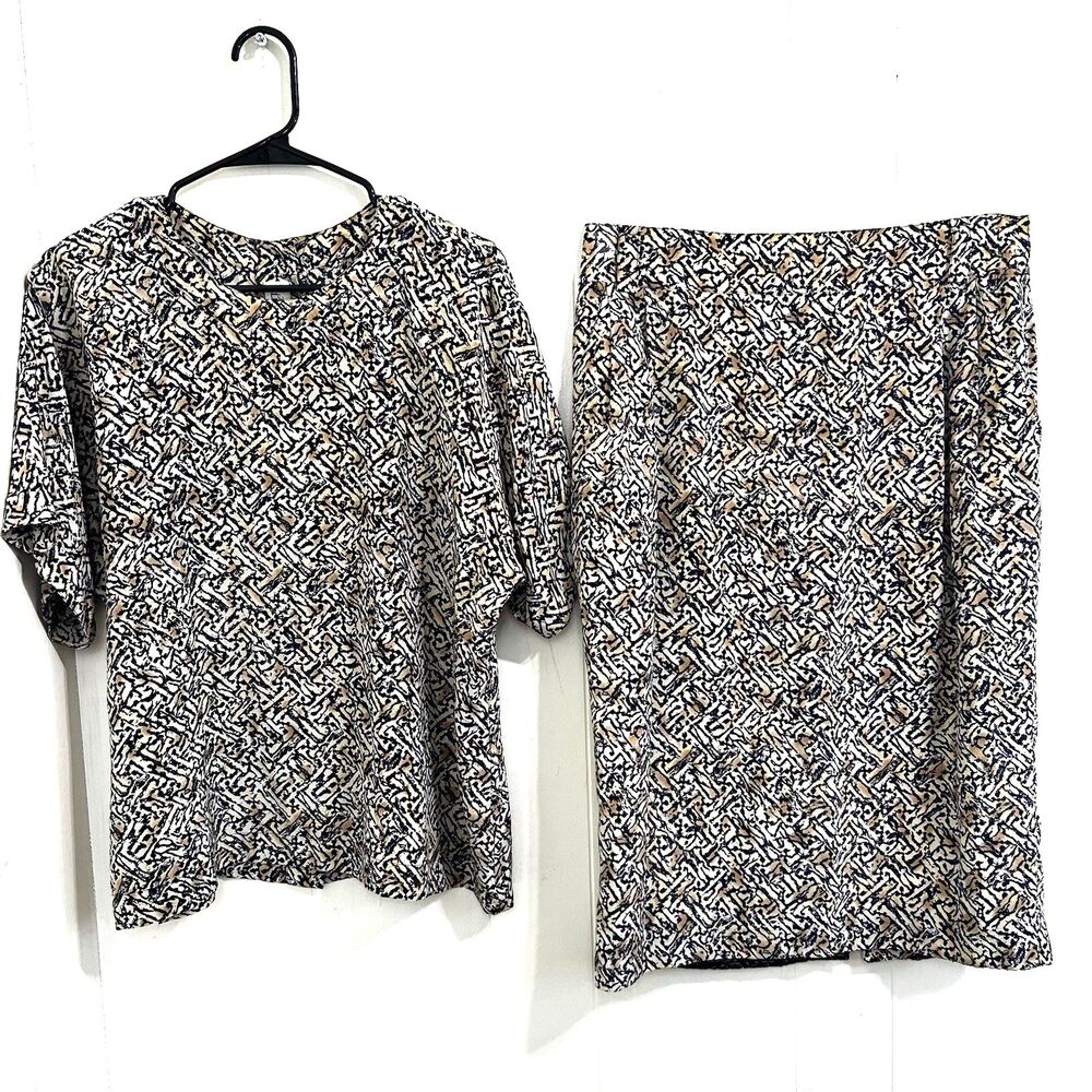 Ellen Tracy Vintage Women’s Blouse Skirt Set 100% Silk Size 16 Black Tan Cream